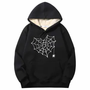 Heart Spiderweb Pattern Warm Fleece Sherpa Lined Hoodie