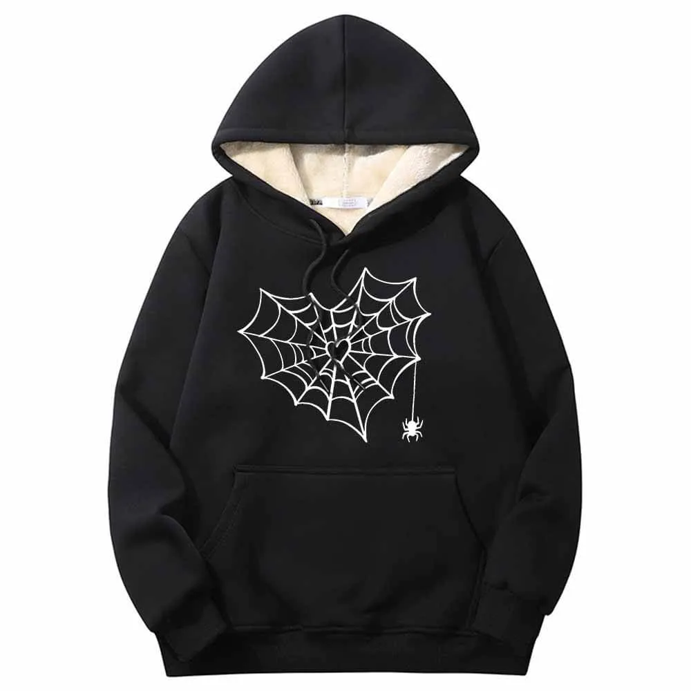 Heart Spiderweb Pattern Warm Fleece Sherpa Lined Hoodie