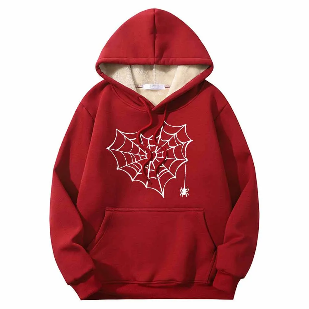 Heart Spiderweb Pattern Warm Fleece Sherpa Lined Hoodie