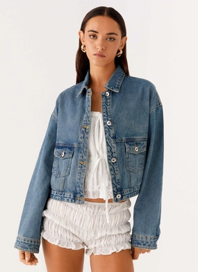 DualLayer Weave Poly Blend Kristy Oversized Denim Jacket - Blue