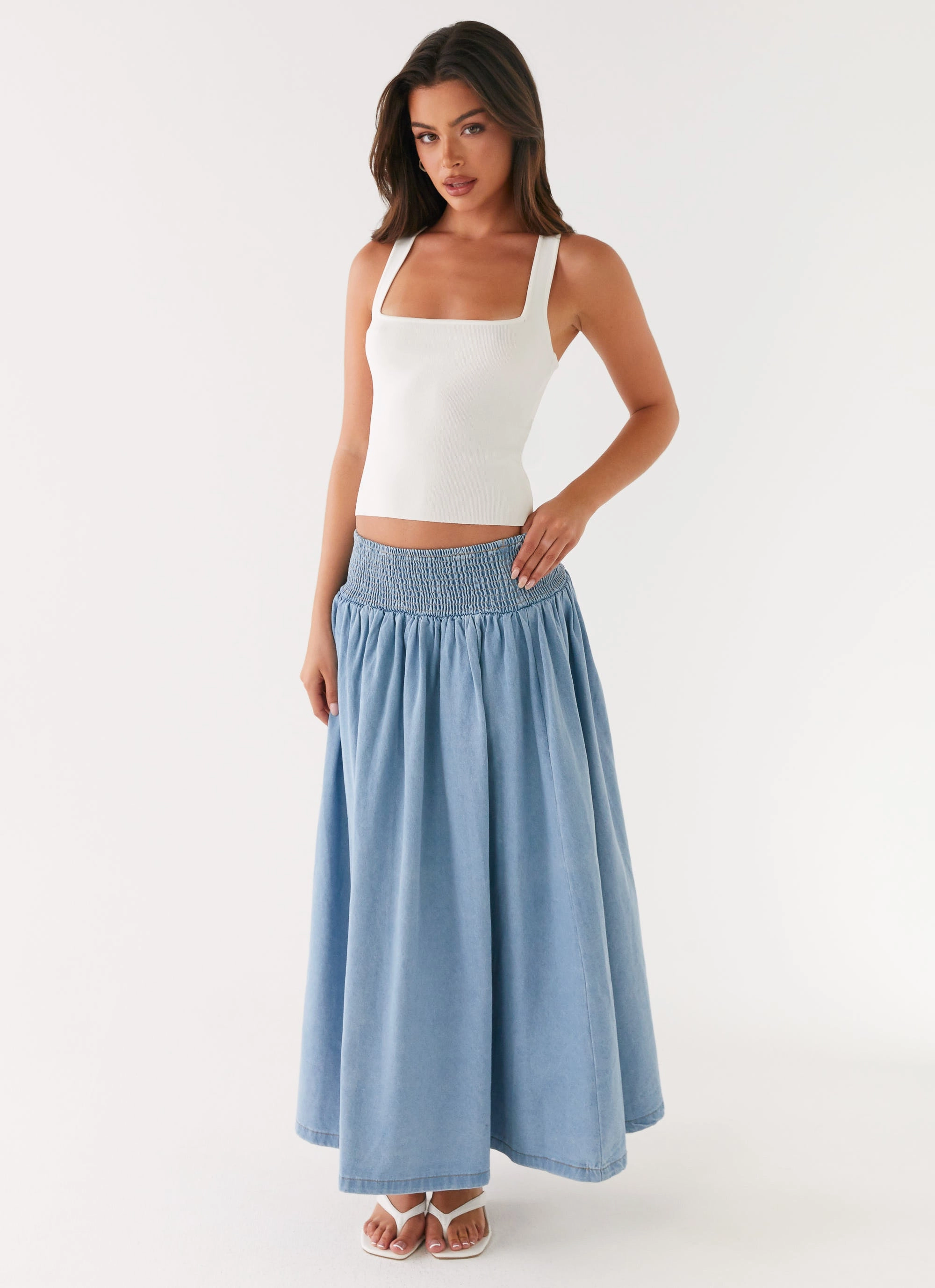 Heater Midi Skirt - Washed Blue Neutral palette Laser Cut Edges