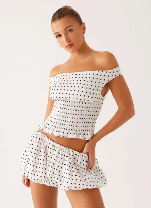 ZeroWaste Pattern Heather Off Shoulder Top - White Black Polka Dot
