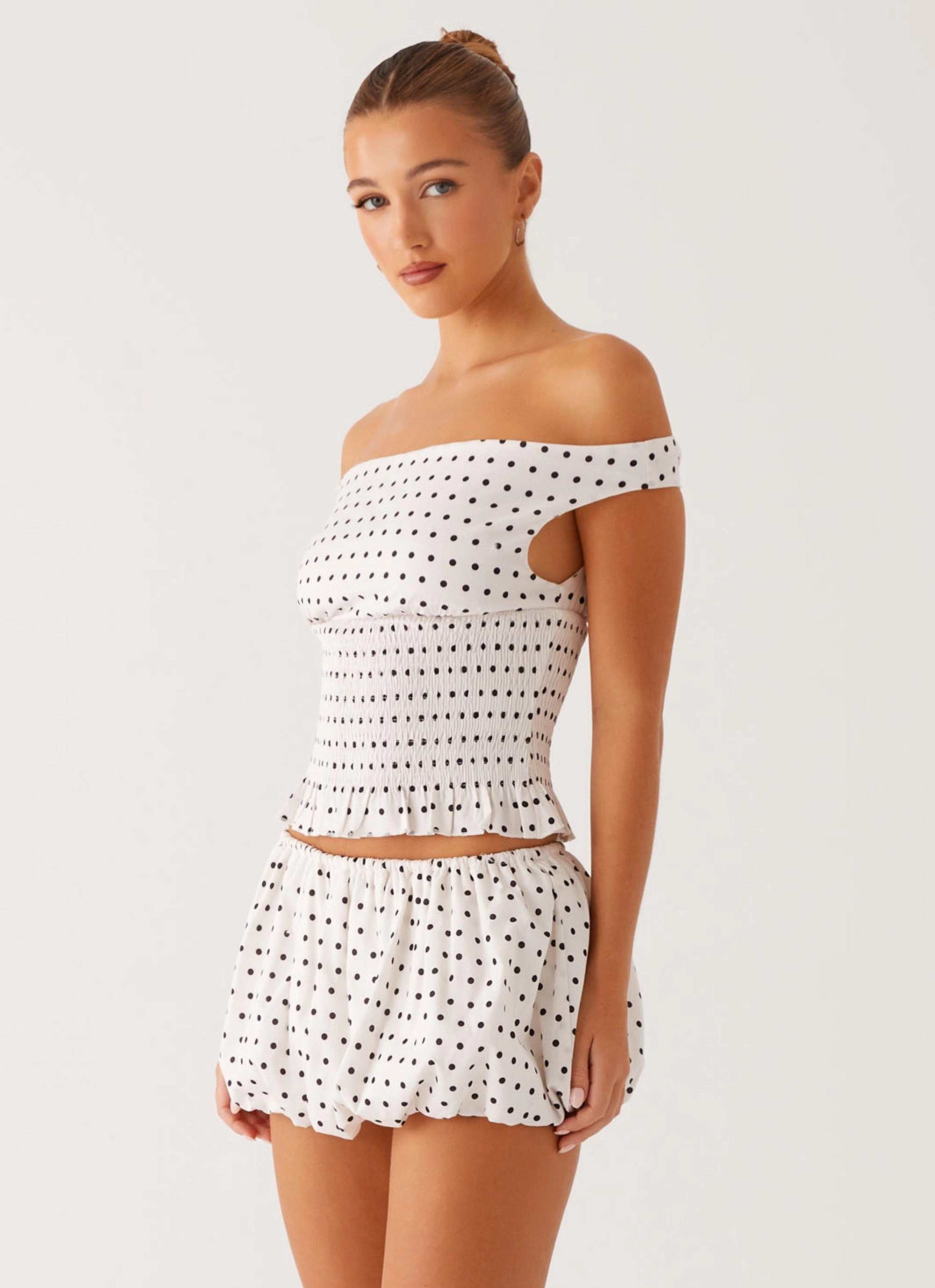 Sustainable Fabric Blend Heather Off Shoulder Top - White Black Polka Dot