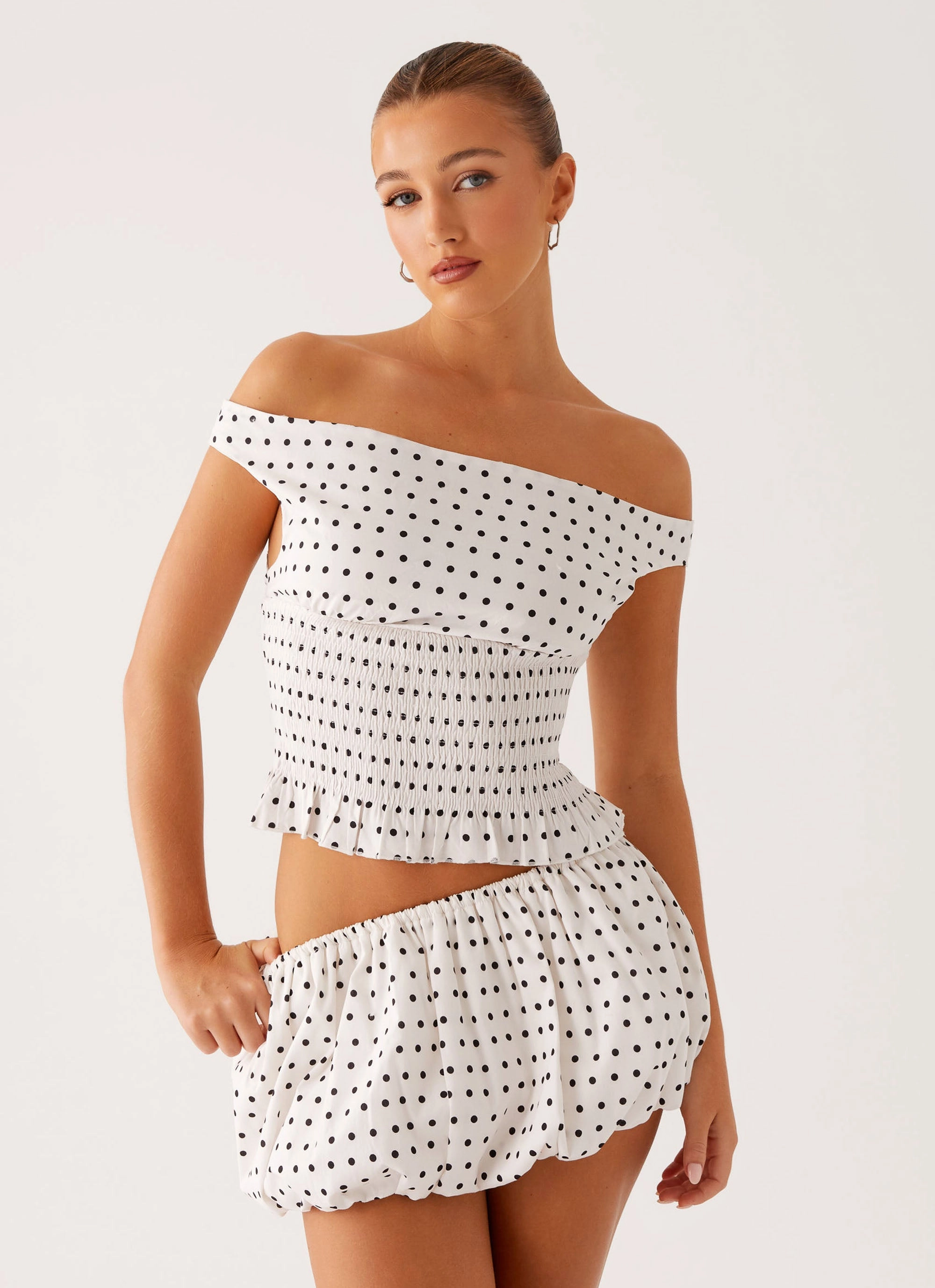 Heather Off Shoulder Top - White Black Polka Dot DoubleLayered Neckline