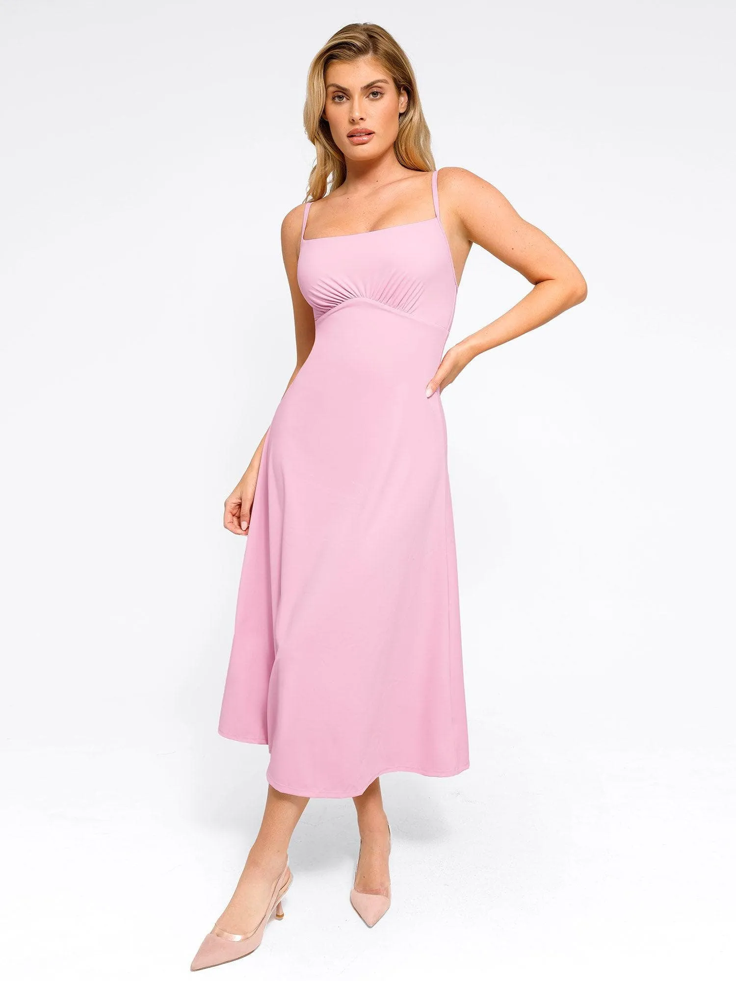 Shapewear Built-In Sculpting A-Line Midi Slip Dress Hidden Zipper SeamlessSidePanels