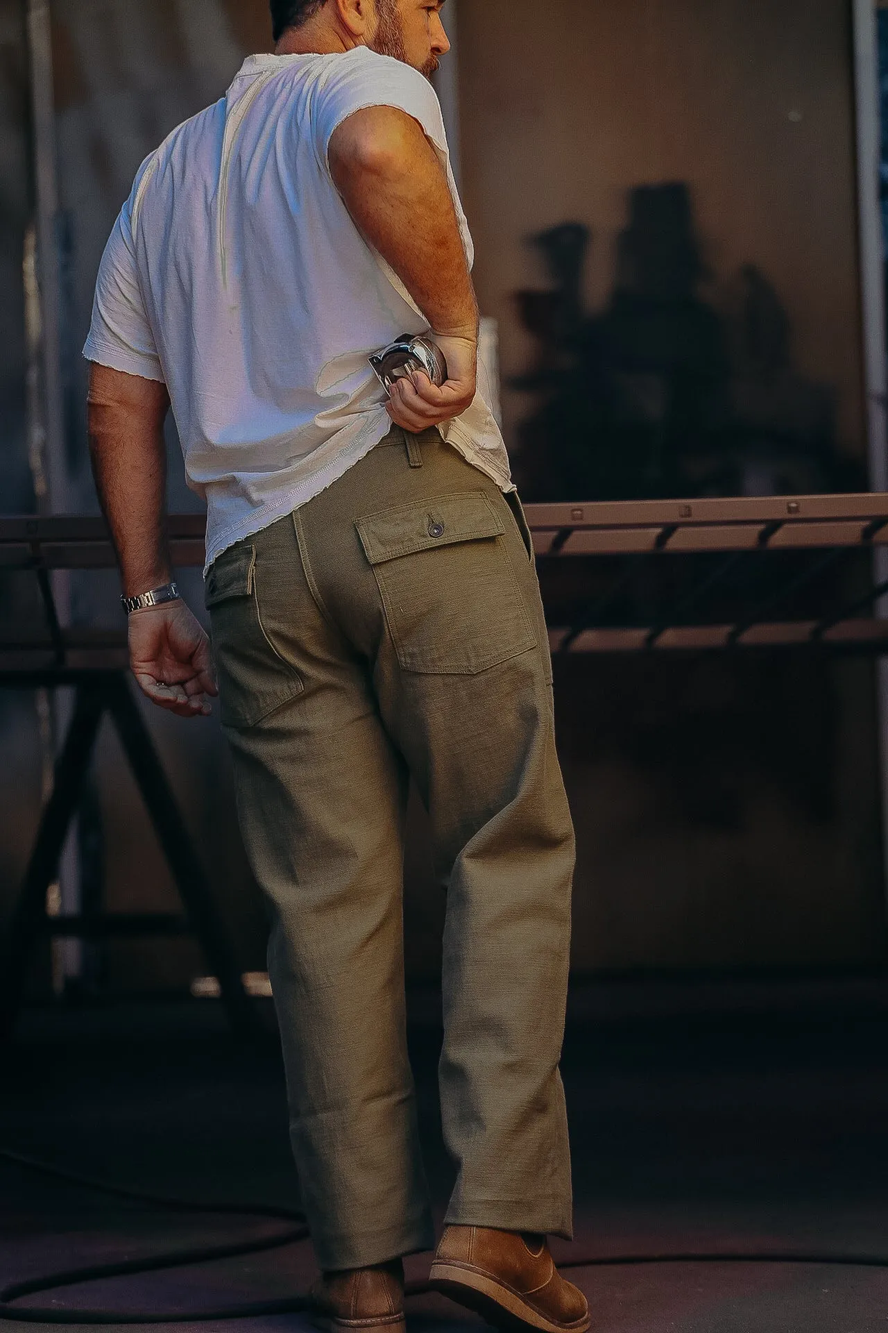HEAVY BACK SATIN BAKER PANTS-OLIVE (SJ52BP)