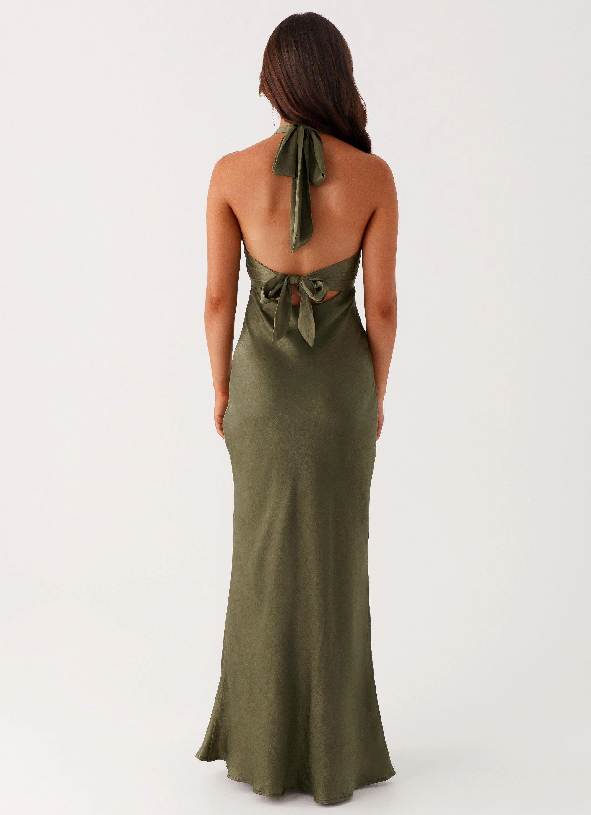 confident look Heavy Hearted Satin Maxi Dress - Khaki