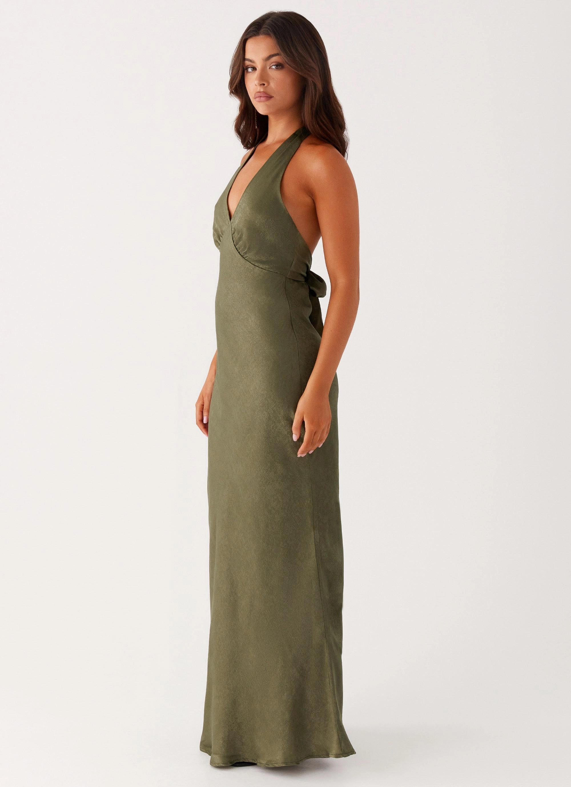Heavy Hearted Satin Maxi Dress - Khaki Simple Mood