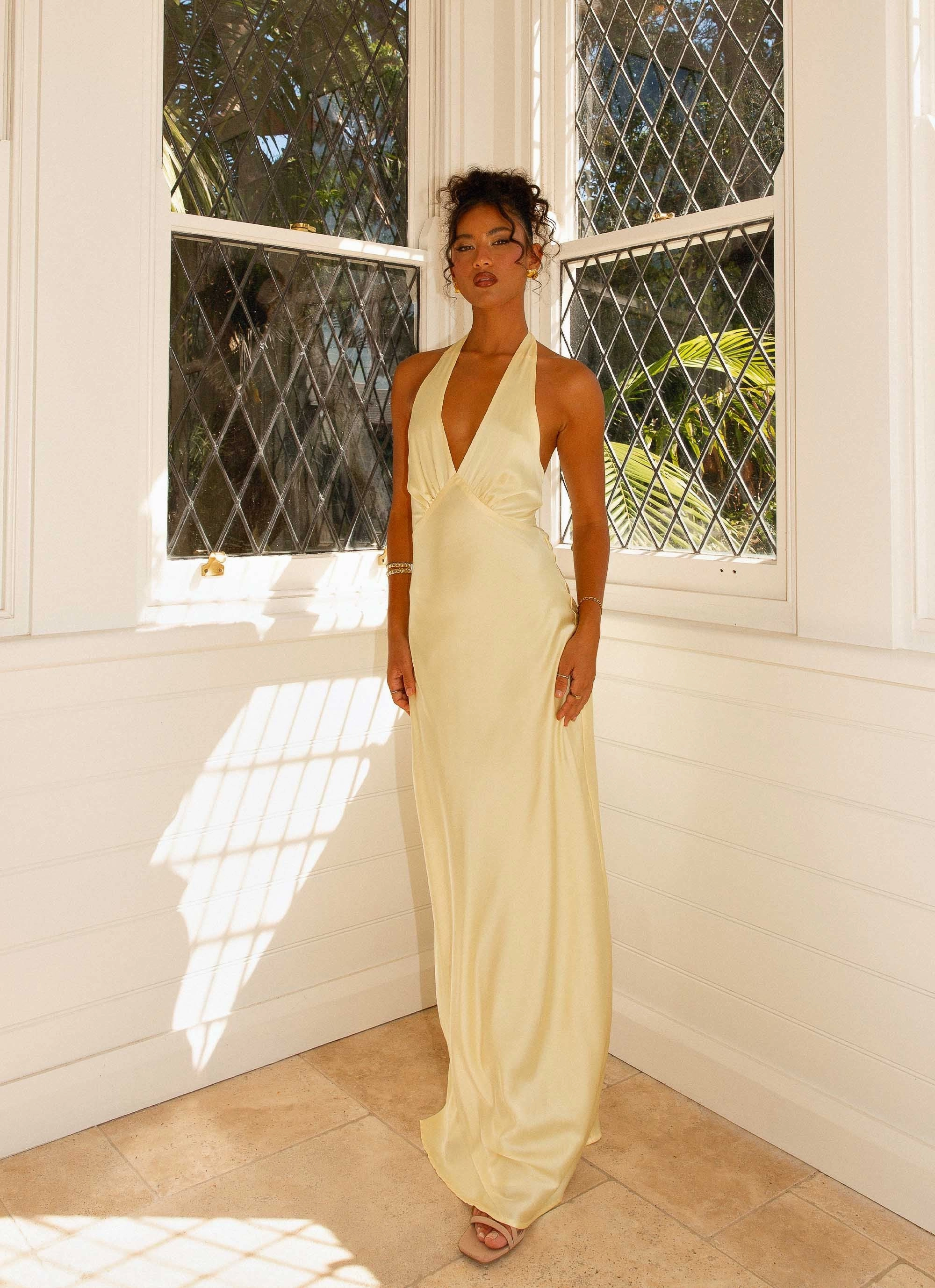 Polished Layer Heavy Hearted Satin Maxi Dress - Lemon