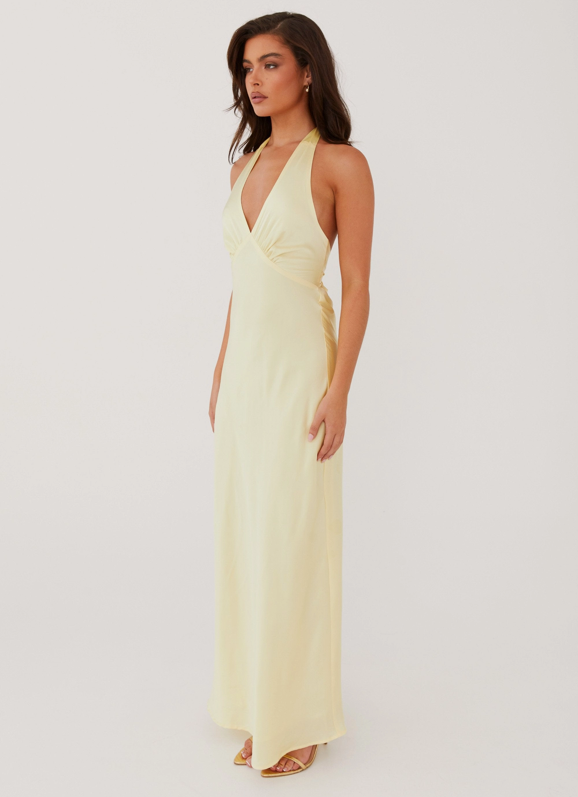 Sunset Hour vacation look Heavy Hearted Satin Maxi Dress - Lemon