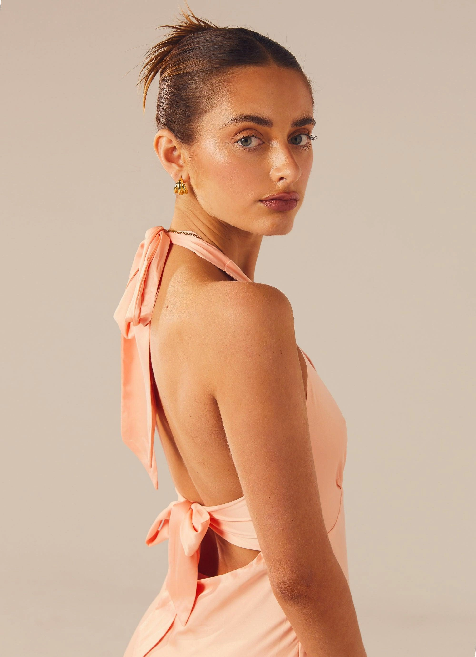 Heavy Hearted Satin Maxi Dress - Peach Applique-Detail Light Fabrication