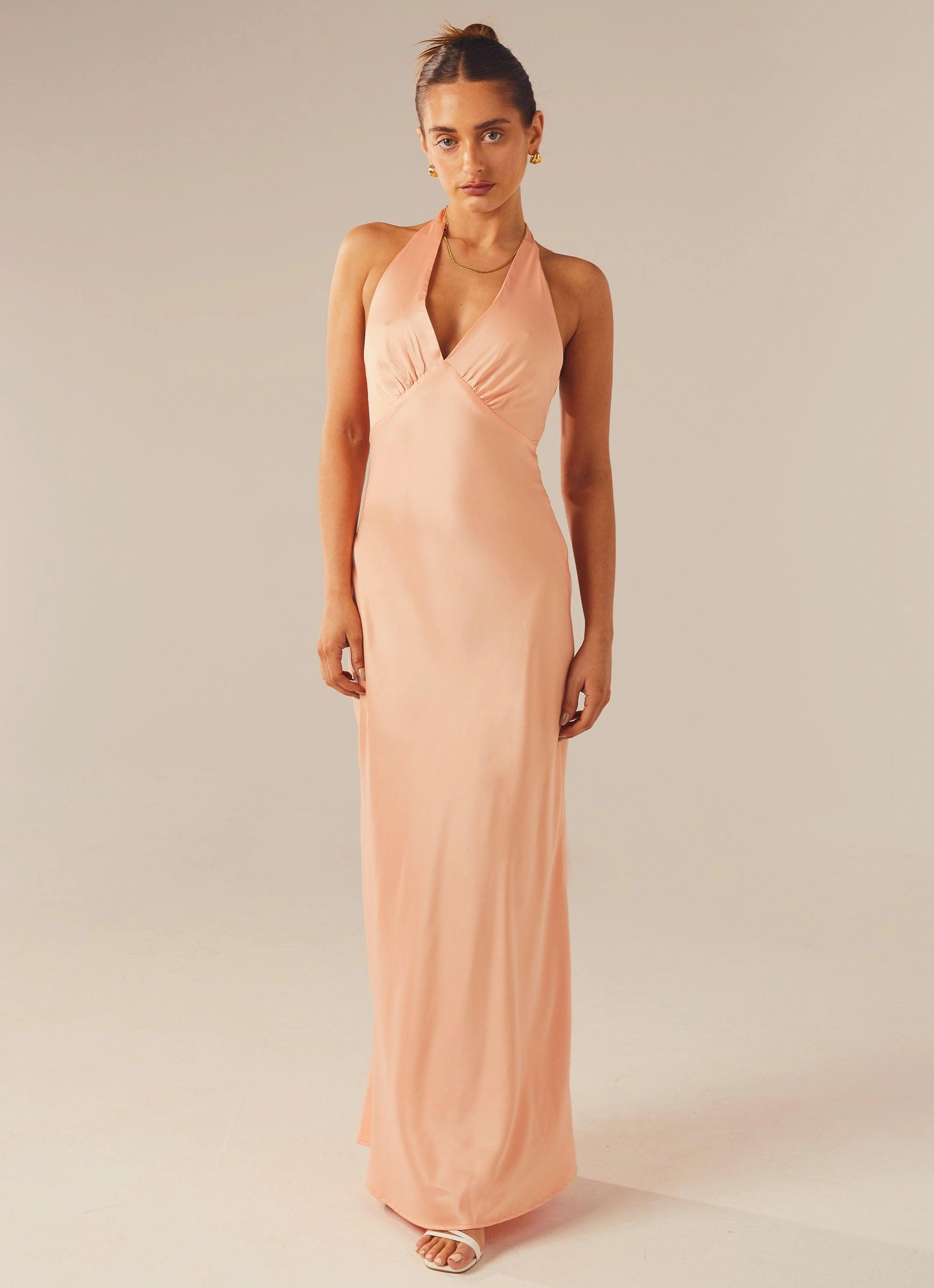 Smile Feel Glam Touch Heavy Hearted Satin Maxi Dress - Peach