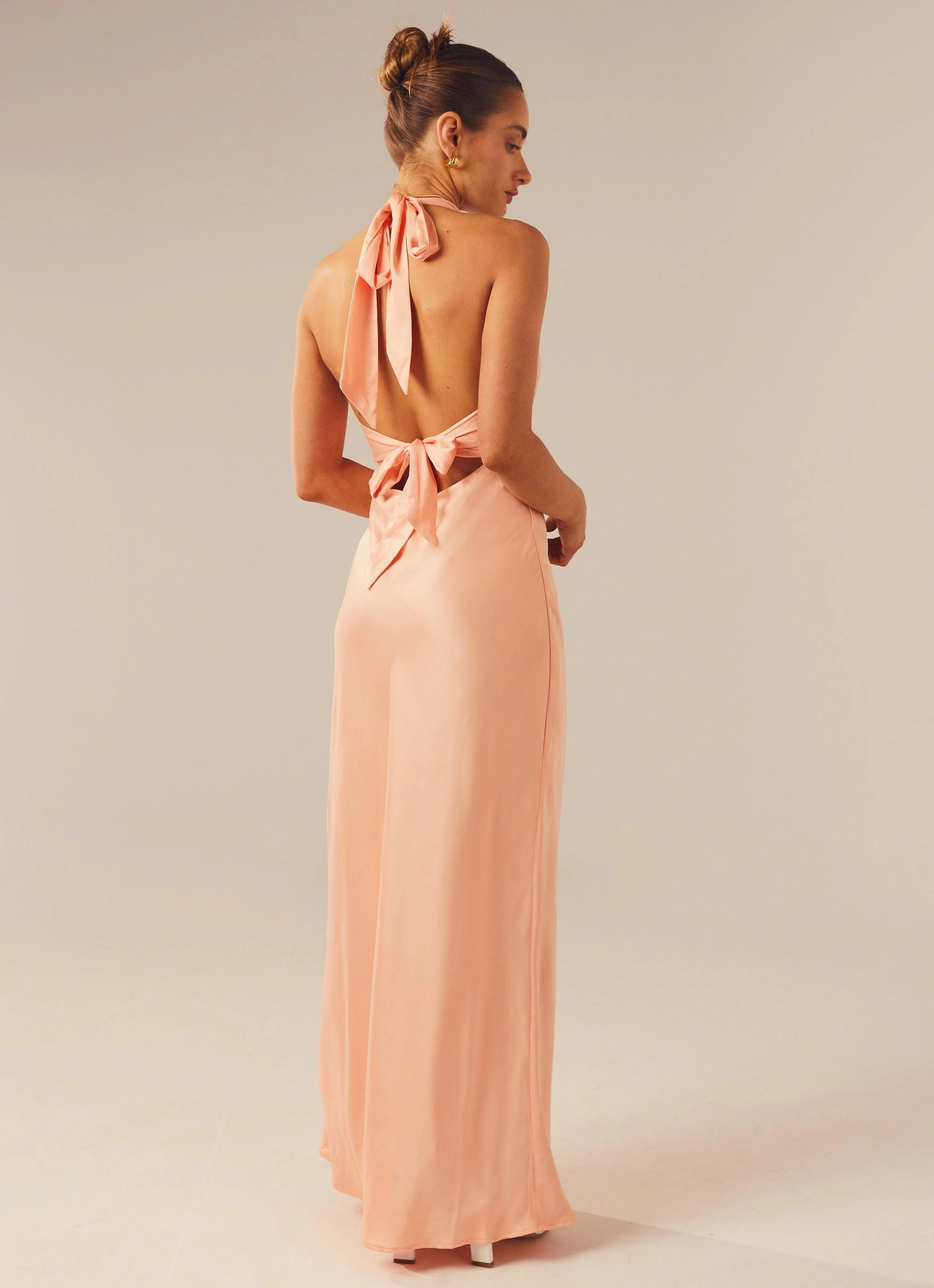 Textured Flow Heavy Hearted Satin Maxi Dress - Peach