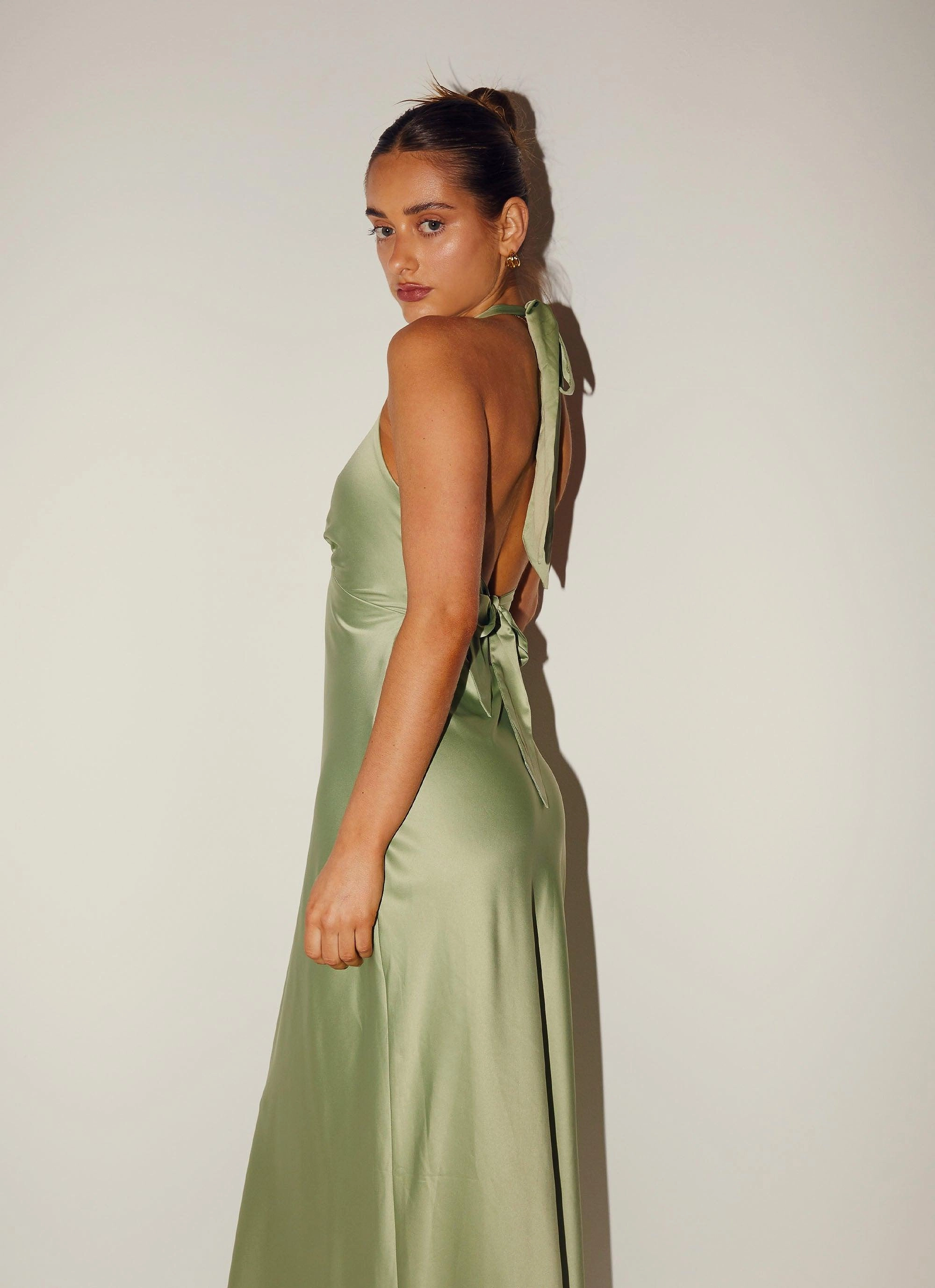 Layering Piece City Flow Heavy Hearted Satin Maxi Dress - Sage