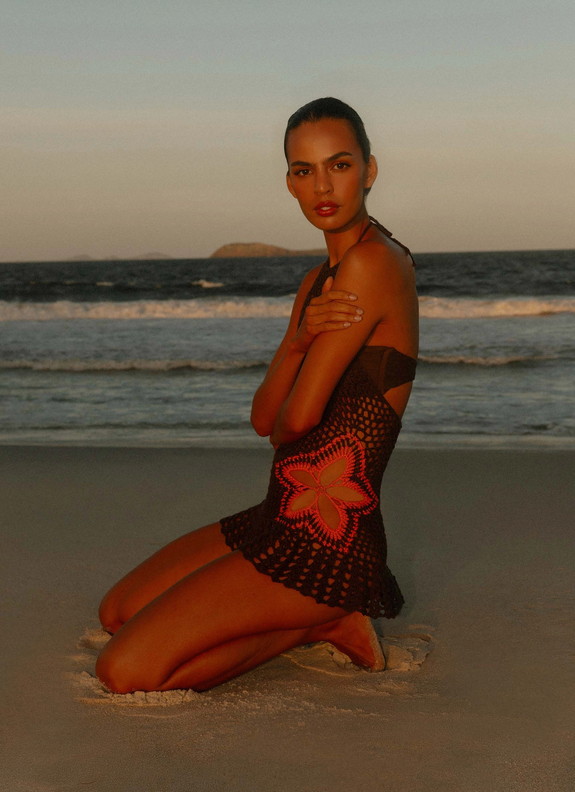 Chill Piece Trendy pick Henley Crochet Mini Dress - Chocolate