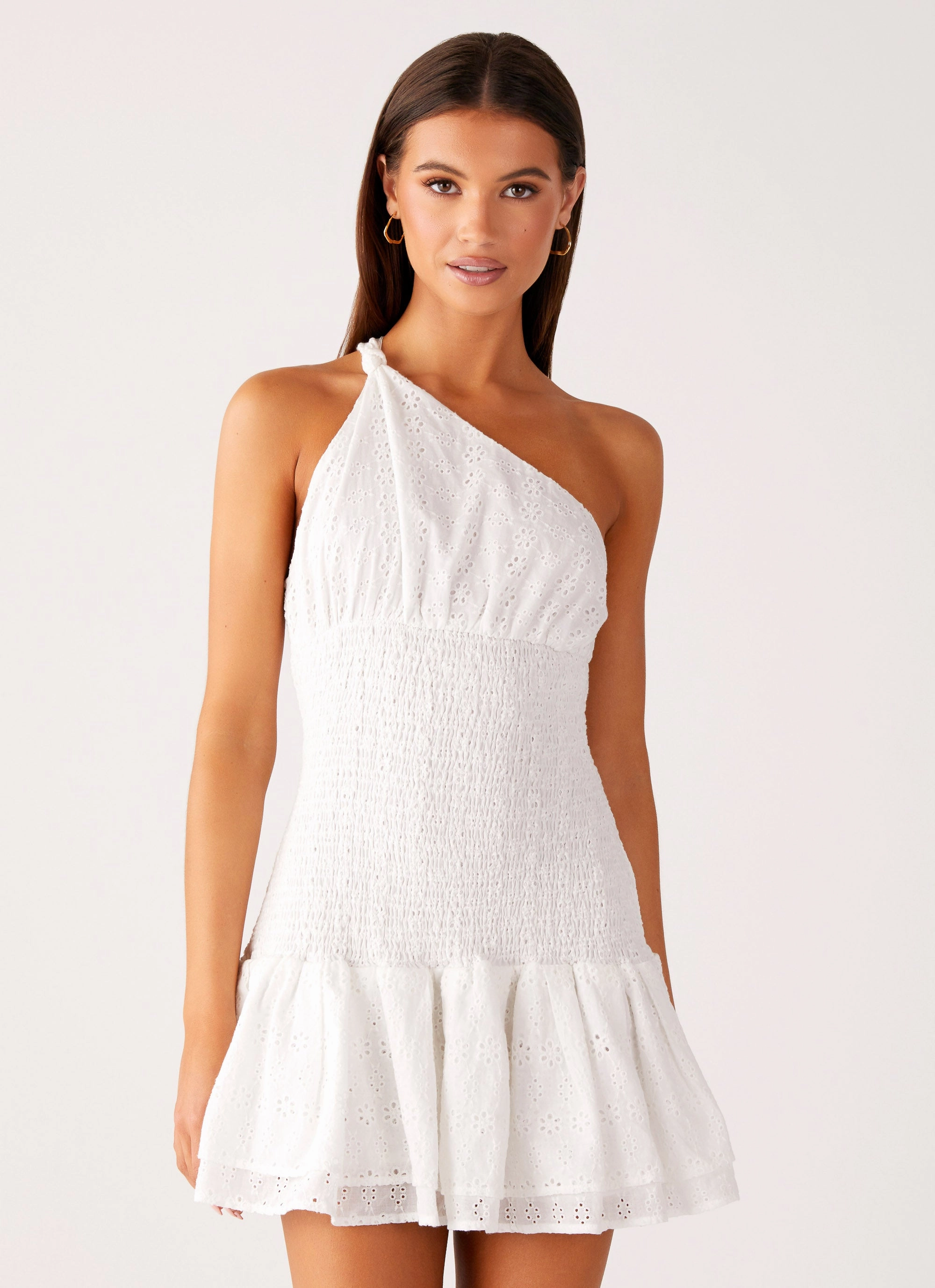 Hestia Drop Waist Shirring Mini Dress - White Bright-Hue