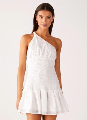Hestia Drop Waist Shirring Mini Dress - White Bright-Hue