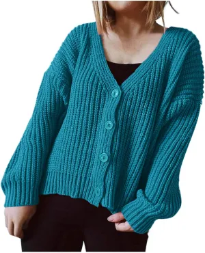 HGps8w Women's Chunky Knit Cardigans - Loose Fit Casual V Neck Button Down Long Sleeve Sweater Jackets Outerwear