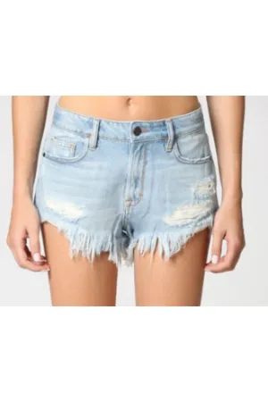 Hidden Light Wash Super Frayed High Rise Shorts