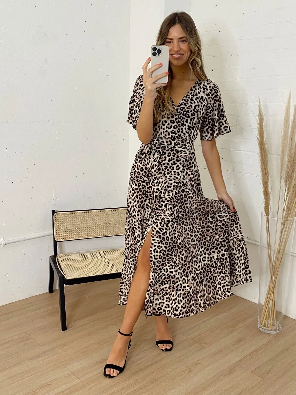 Ophelia Neutral Animal Print Angel Sleeve Wrap Midi Dress Blush Shade