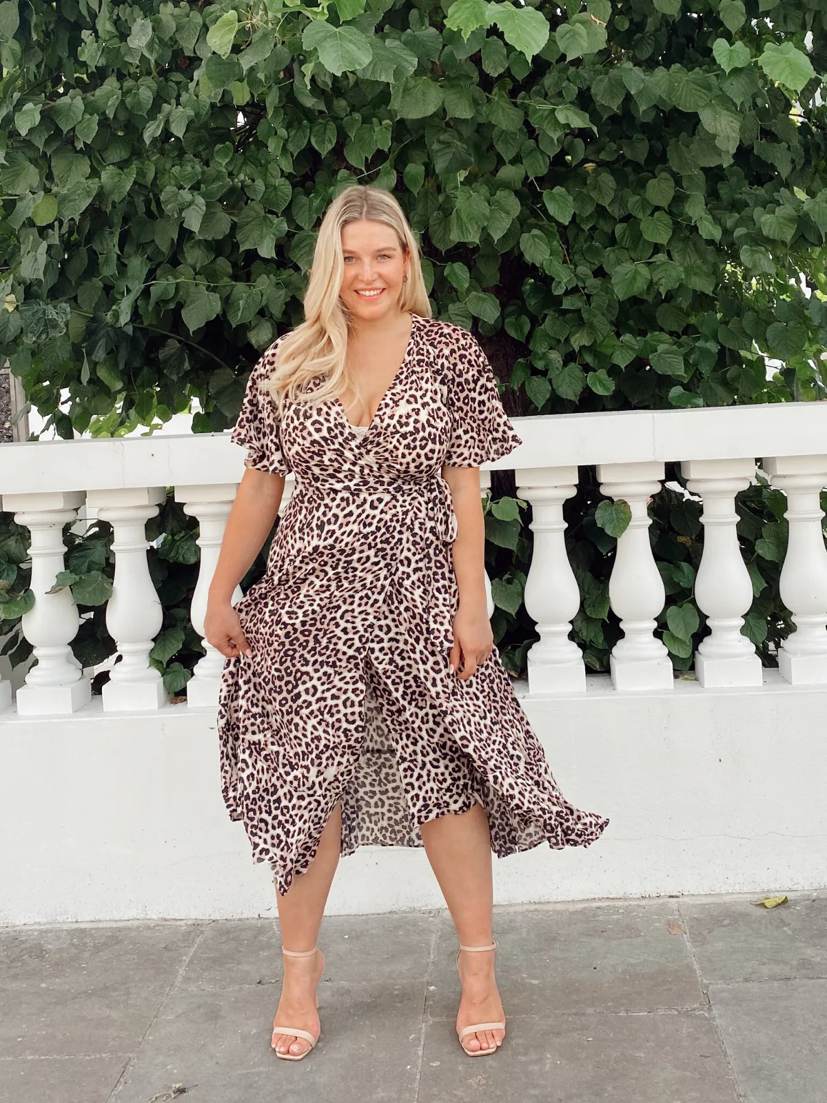 Ophelia Neutral Animal Print Angel Sleeve Wrap Midi Dress Trendy Layering