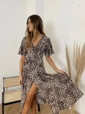 QuickReleaseClasp Smart and Stylish Ophelia Neutral Animal Print Angel Sleeve Wrap Midi Dress