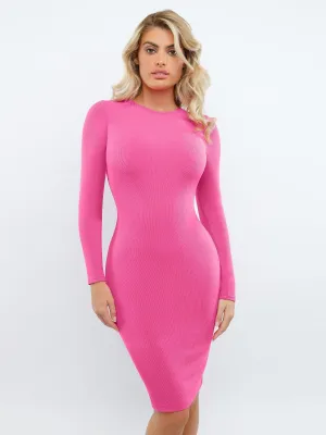 QuickDry Performance Ethically Sourced Yarn Shapewear Modal Long Sleeve Crew Neck Slimming Midi Dress