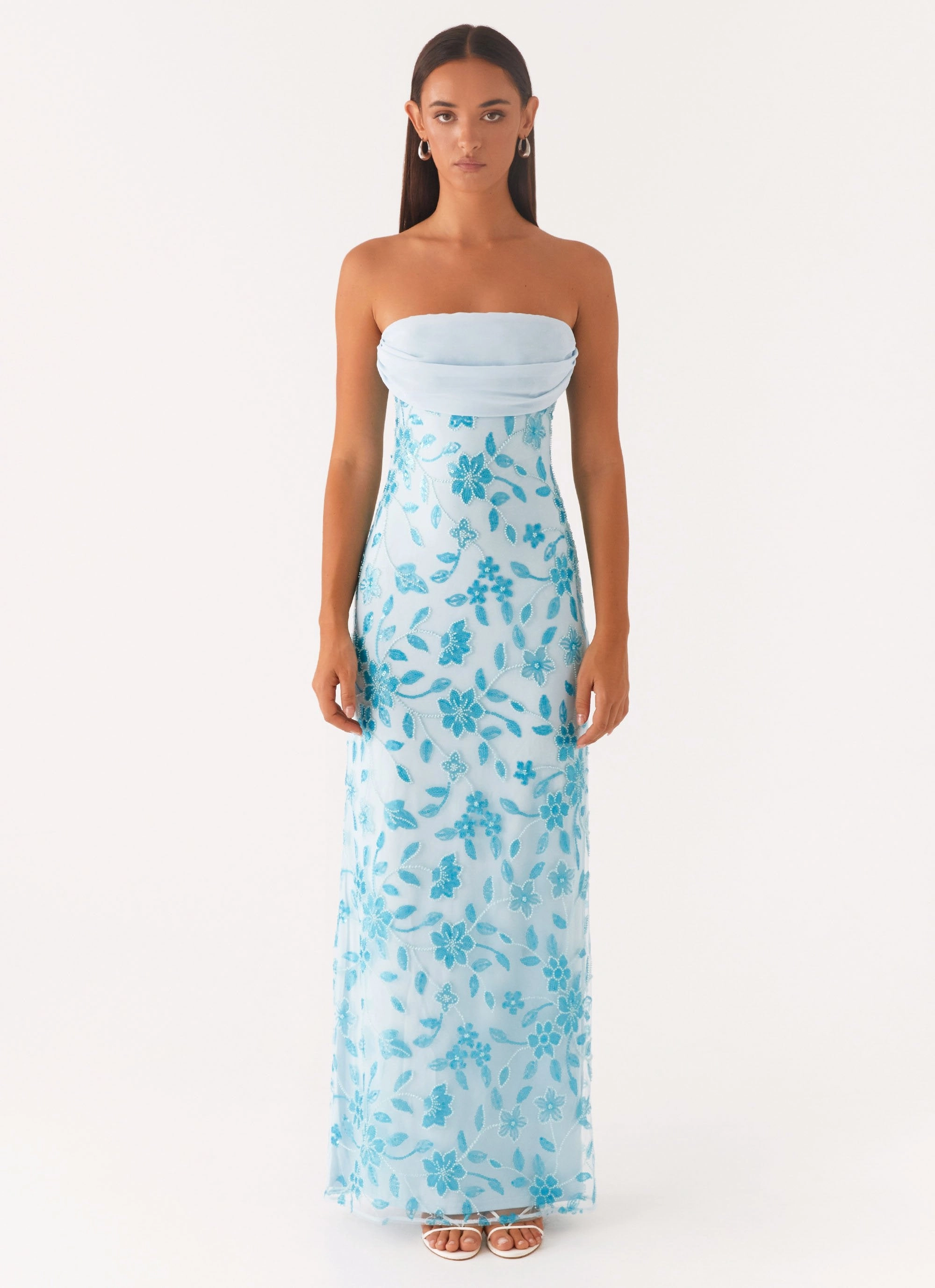 Cozy Silhouette Interchangeable-Detail Prism Beaded Maxi Dress - Blue