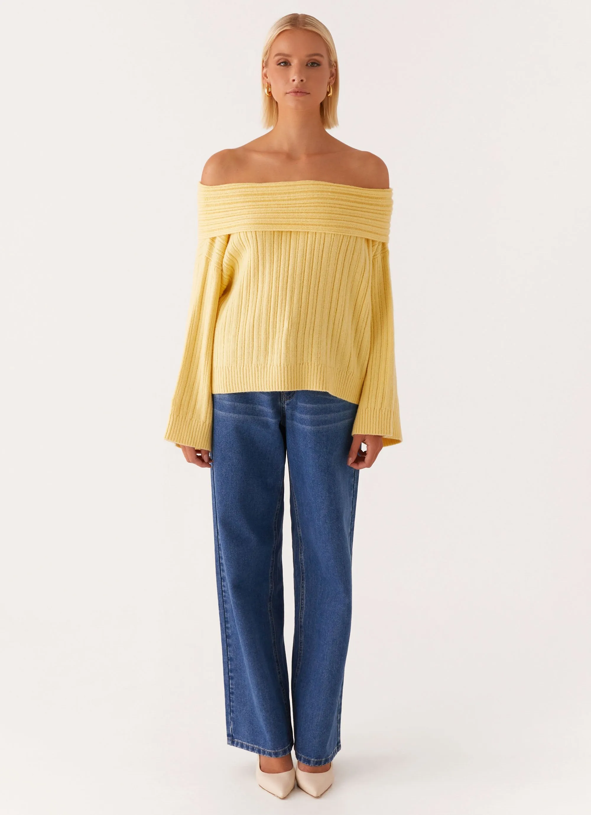 Neutral Tone Palette Federica Off Shoulder Knit - Lemon
