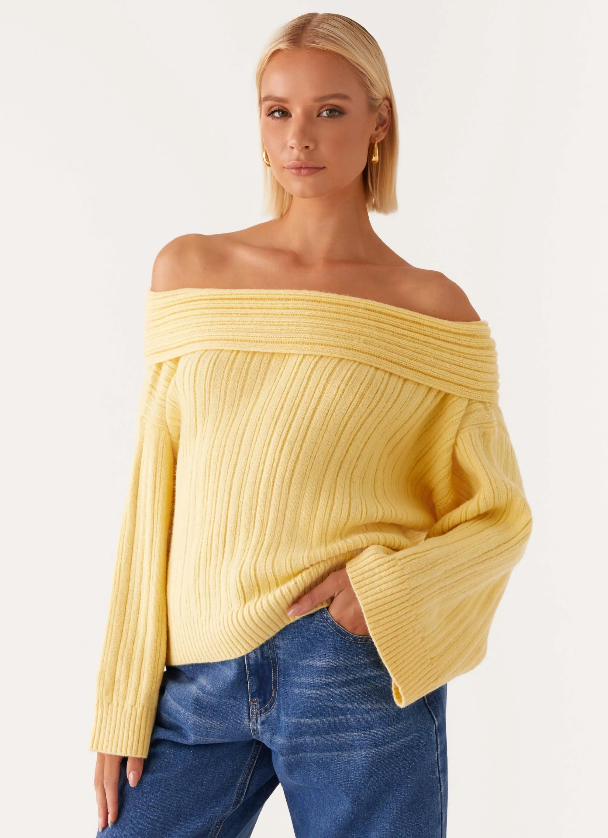 Federica Off Shoulder Knit - Lemon ContrastPlacket
