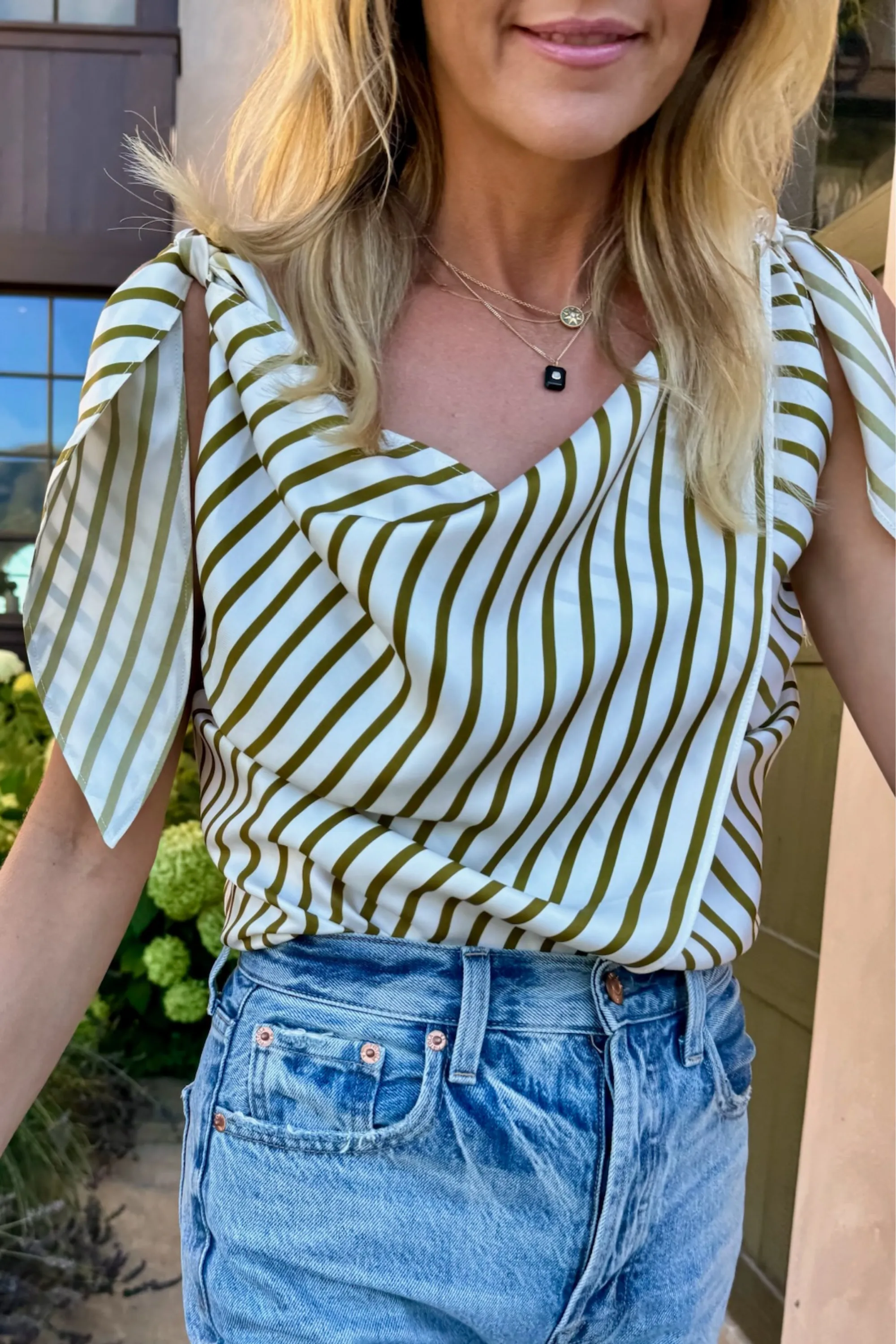 MASONS DAUGHTER | Lily Scarf Top, Olive & Ivory Striped Sophisticated Look