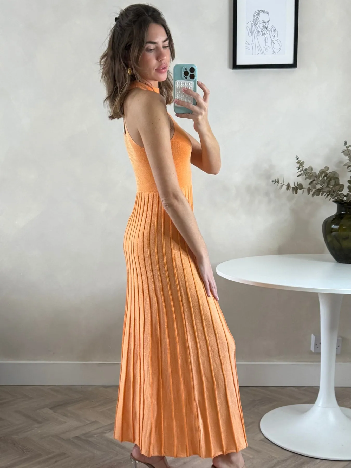 High Neck Pleated Maxi Dress in Orange Shimmer Luxe Layer
