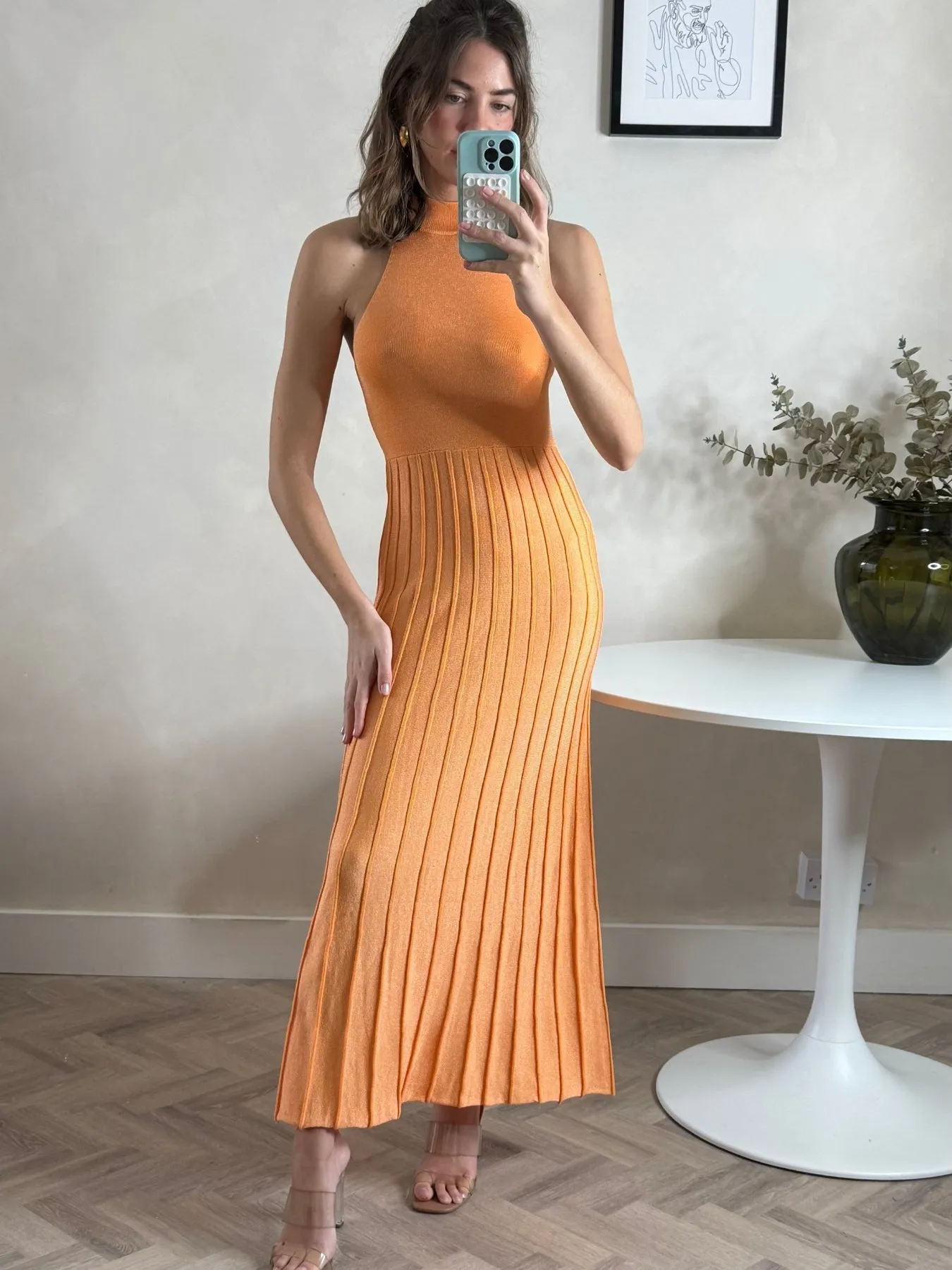 High Neck Pleated Maxi Dress in Orange Shimmer Daily Layer