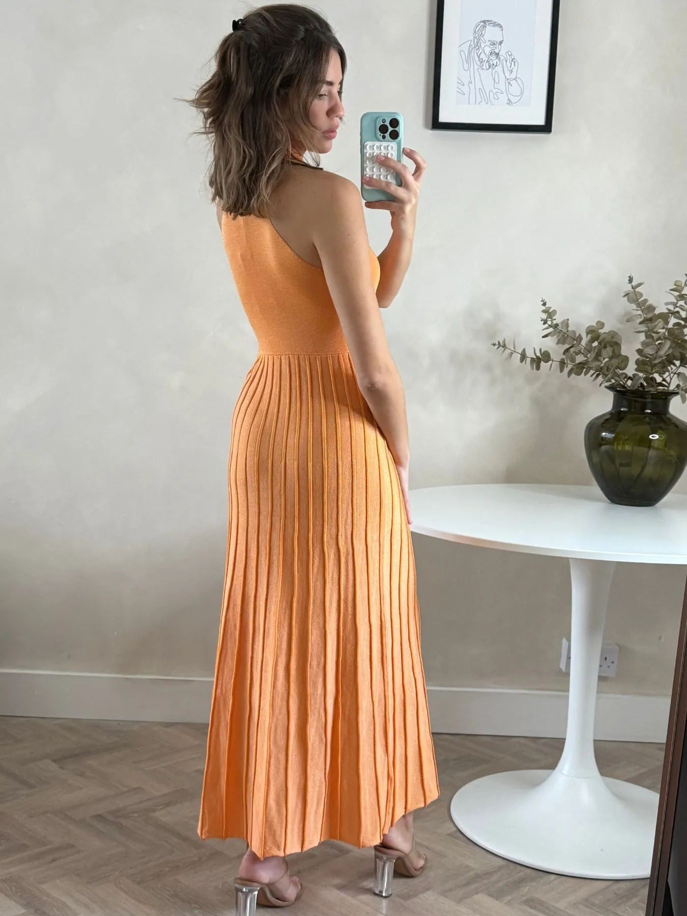 High Neck Pleated Maxi Dress in Orange Shimmer Under Jacket Ribbed Knit