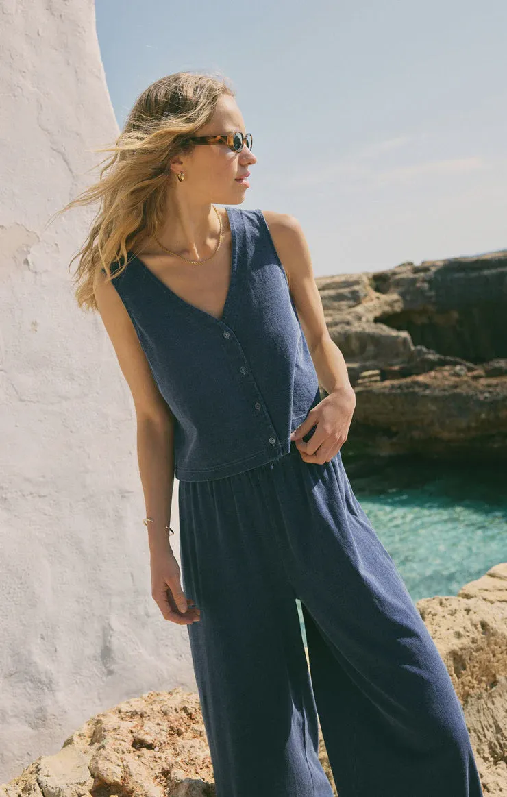 Ventilated Panel Design UltraFineMesh Solace Jersey Denim Top- Indigo