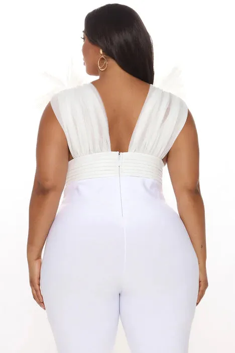 High Waist Deep V Neck Mesh Ruffles Jumpsuit