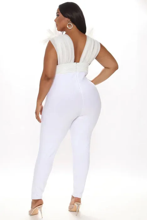 High Waist Deep V Neck Mesh Ruffles Jumpsuit