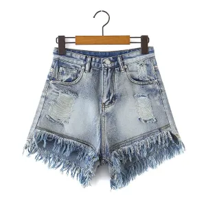 High Waist Destressed Tassel Denim Shorts