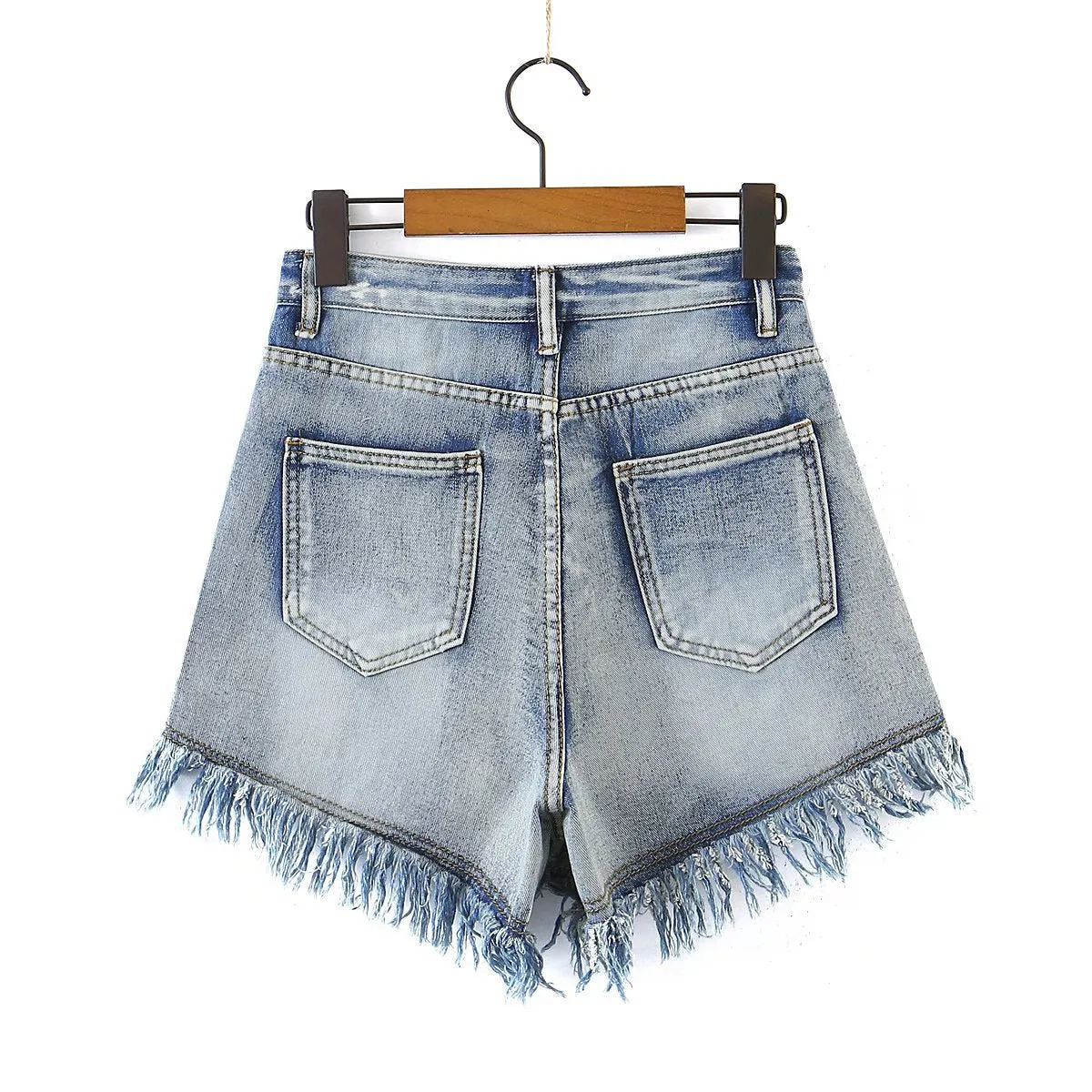 High Waist Destressed Tassel Denim Shorts