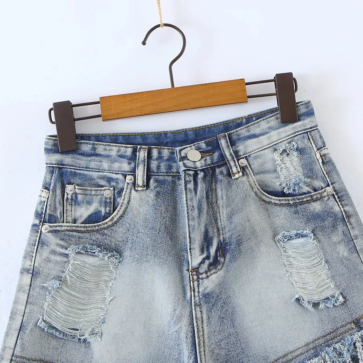 High Waist Destressed Tassel Denim Shorts