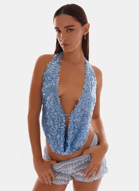 Rio Dreams Cowl Neck Halter Top - Blue Bound Seam Edges HoodedVersion