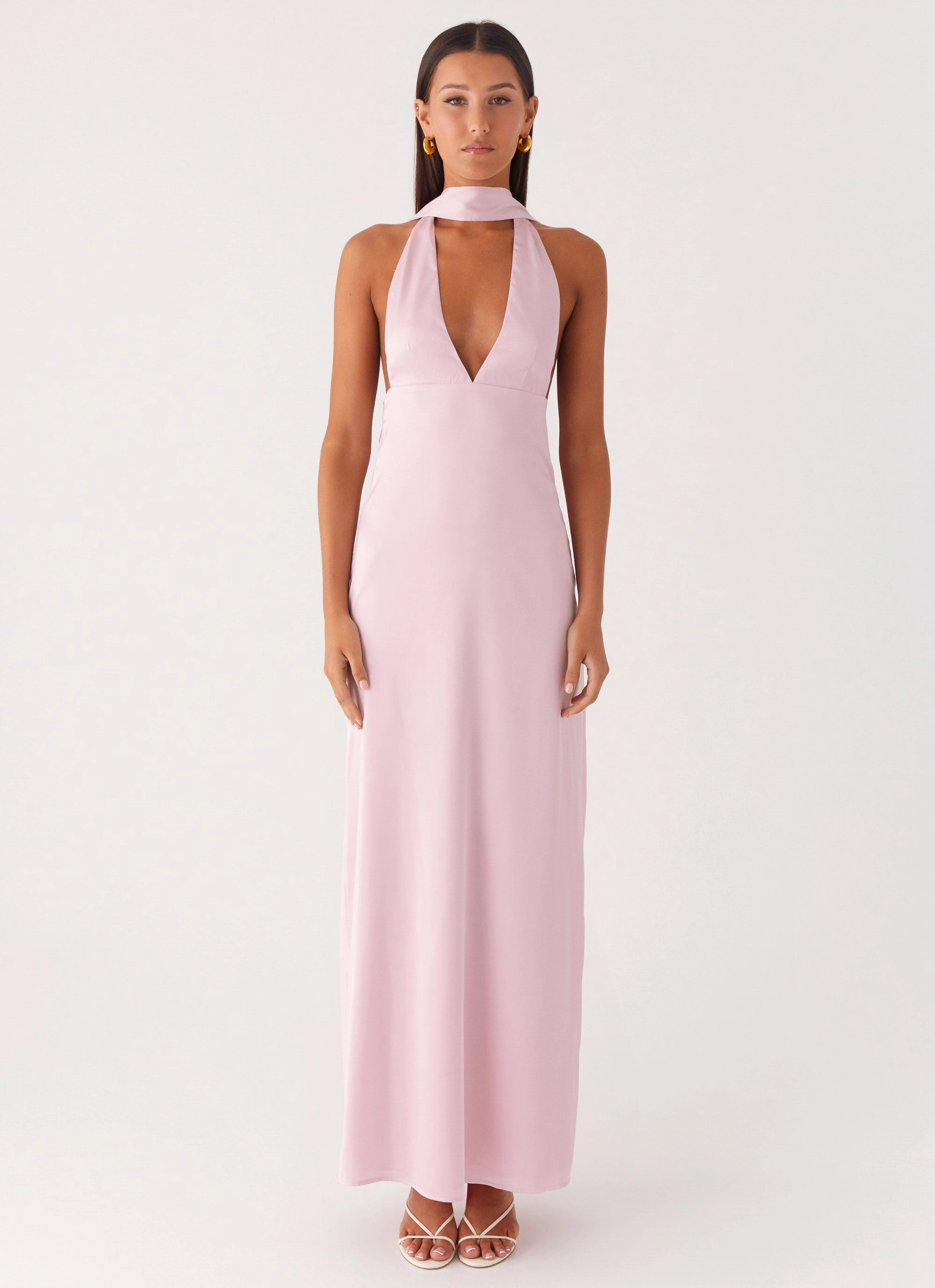 ReversibleStyle Luxury Feel Alicia Satin Halter Maxi Dress - Baby Pink