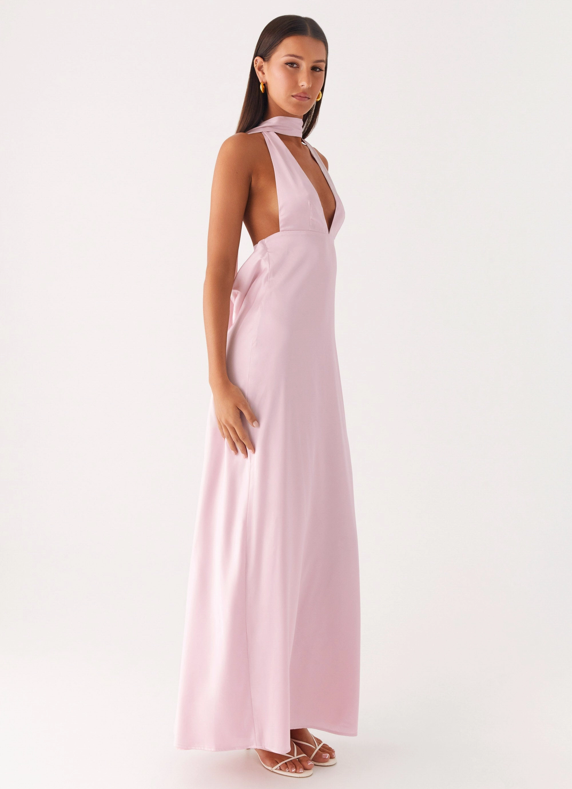 Alicia Satin Halter Maxi Dress - Baby Pink Plus Fit Mid Season