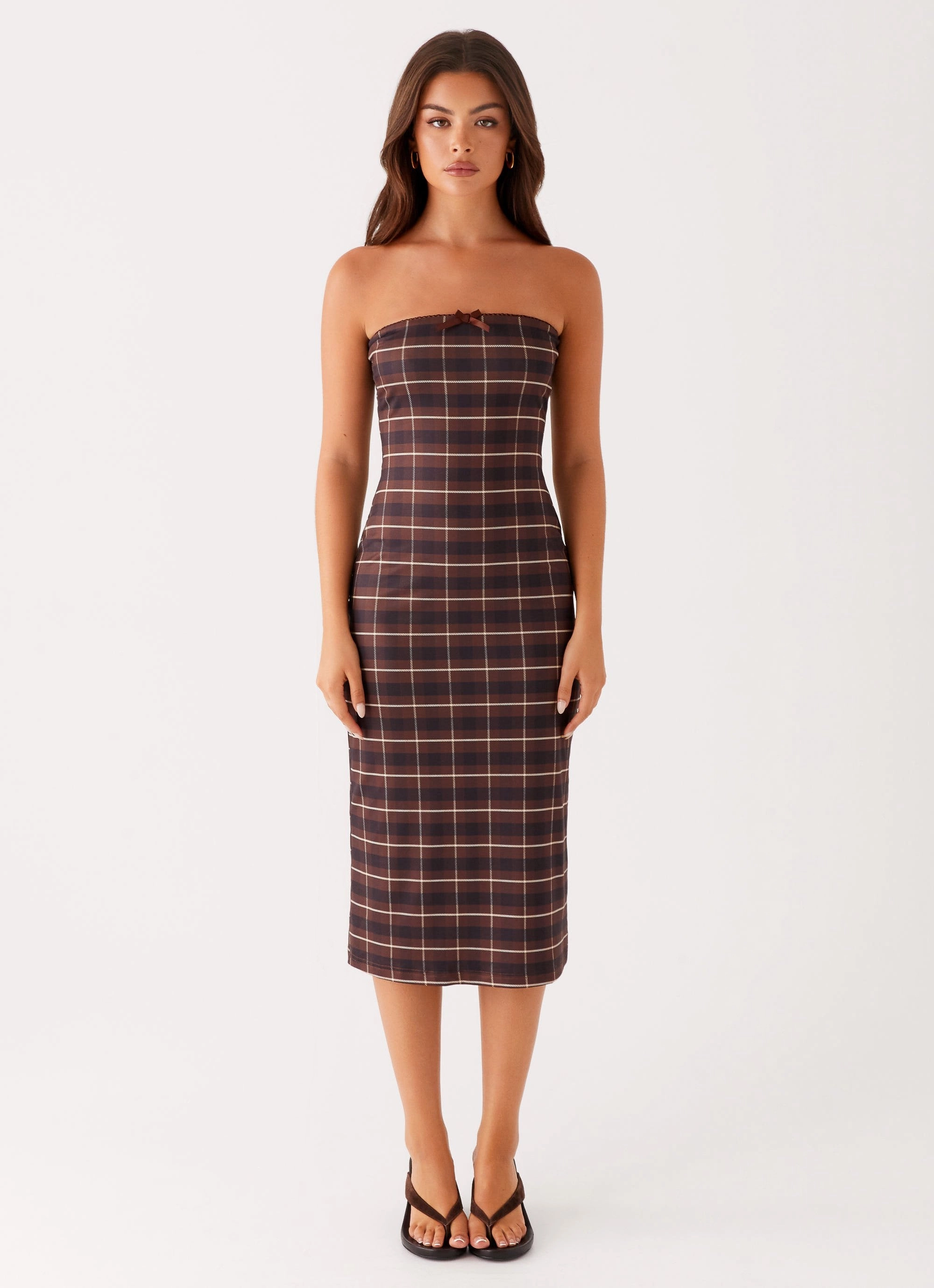 Niko Strapless Midi Dress - Brown Black Check All Layer