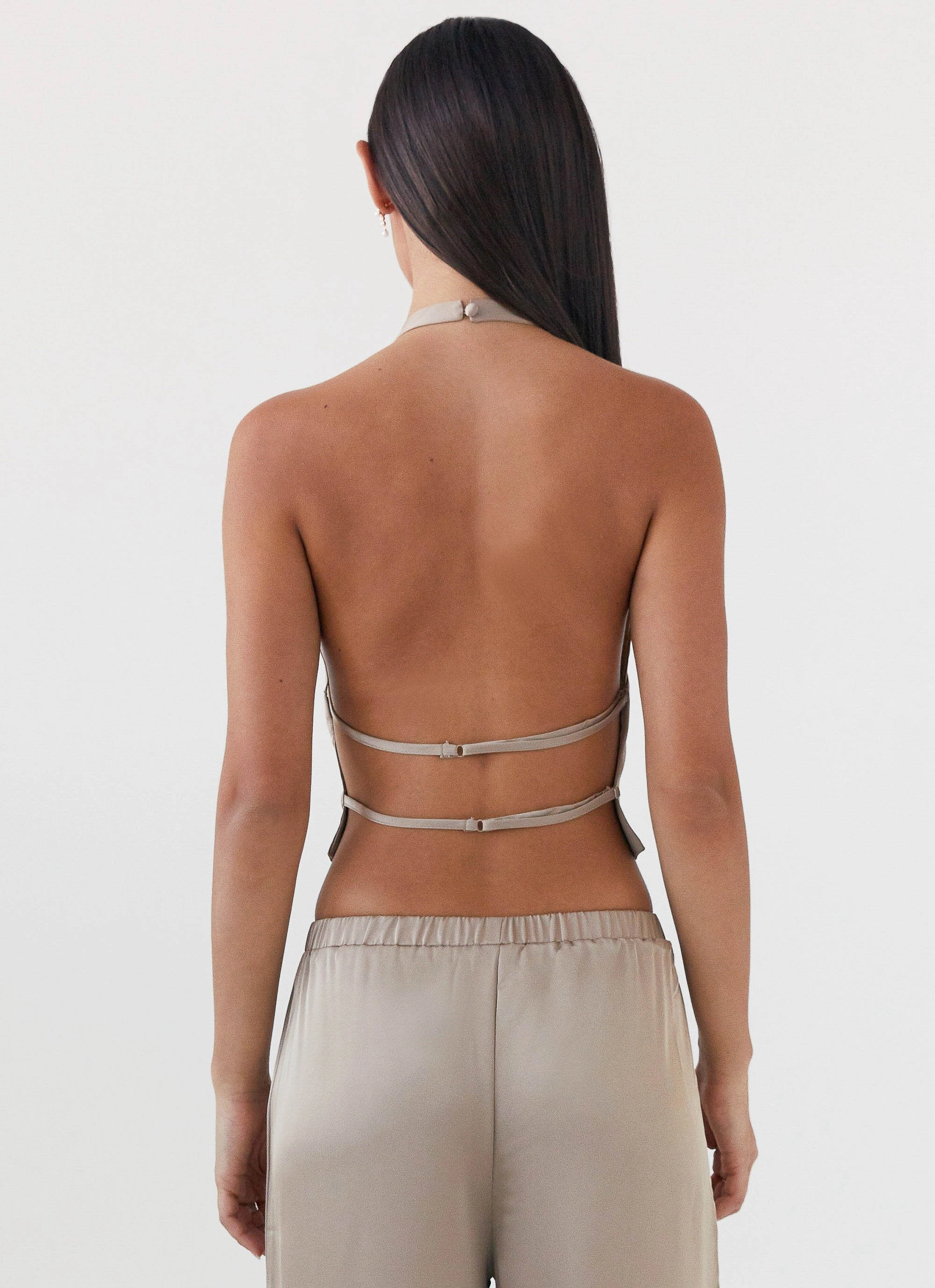 Stretchable Knit Bree Satin Halterneck Top - Mushroom