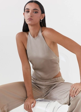 Lightweight insulation Bree Satin Halterneck Top - Mushroom