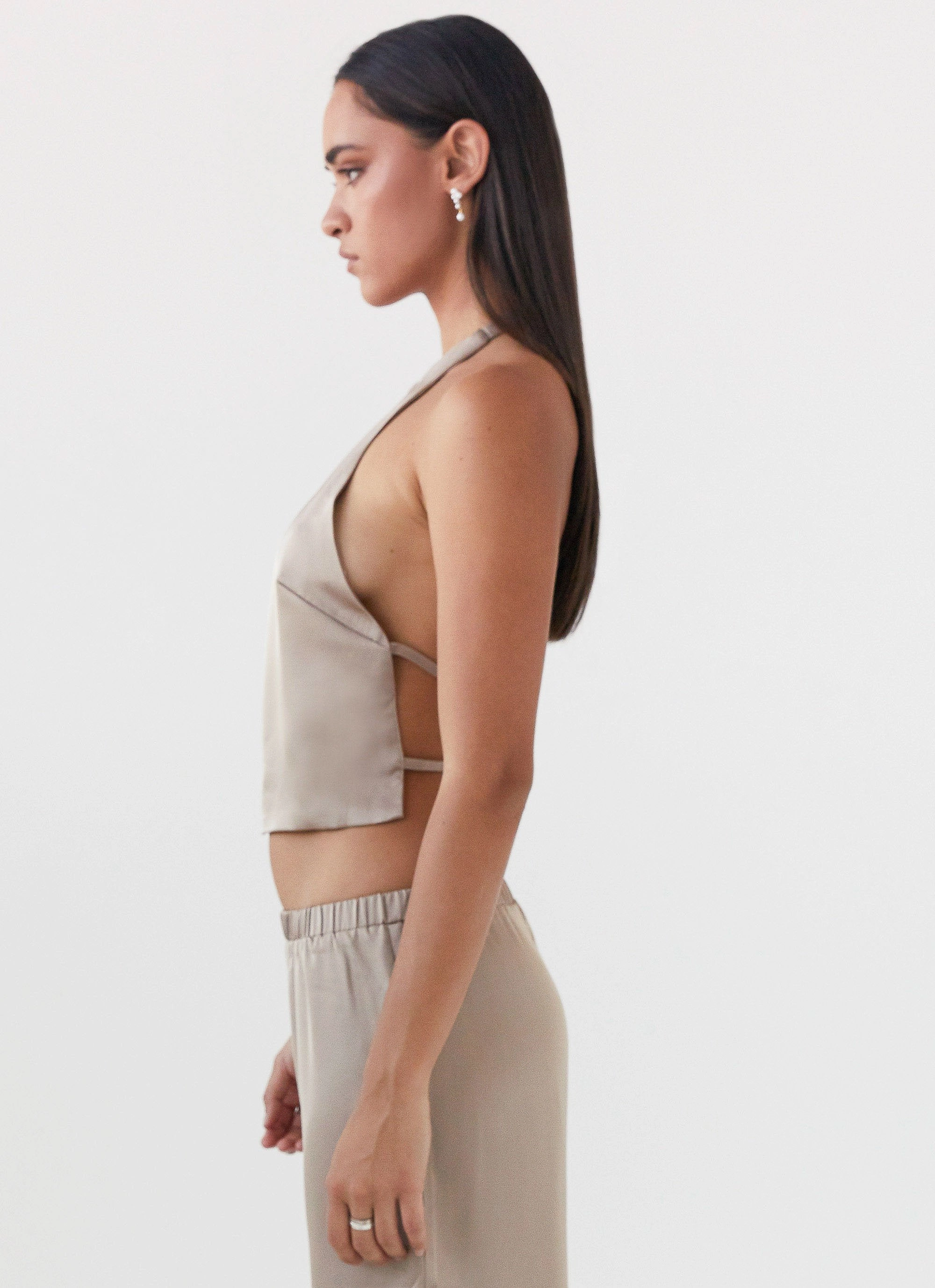 Bree Satin Halterneck Top - Mushroom Stretch Technology