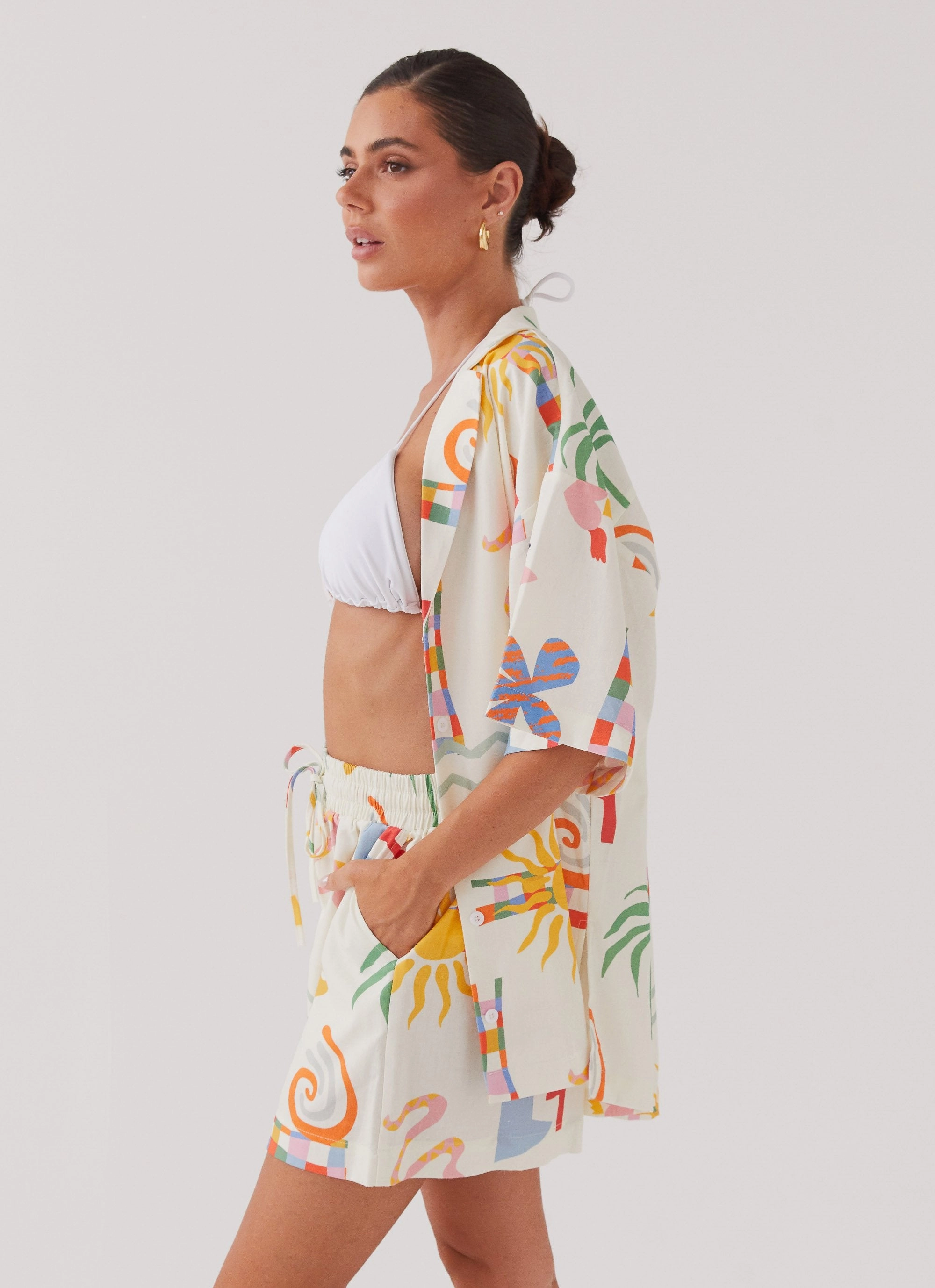 Tallulah Linen Shorts - Summer Palm Noise Reducing Fabric Slip Resistant Grip