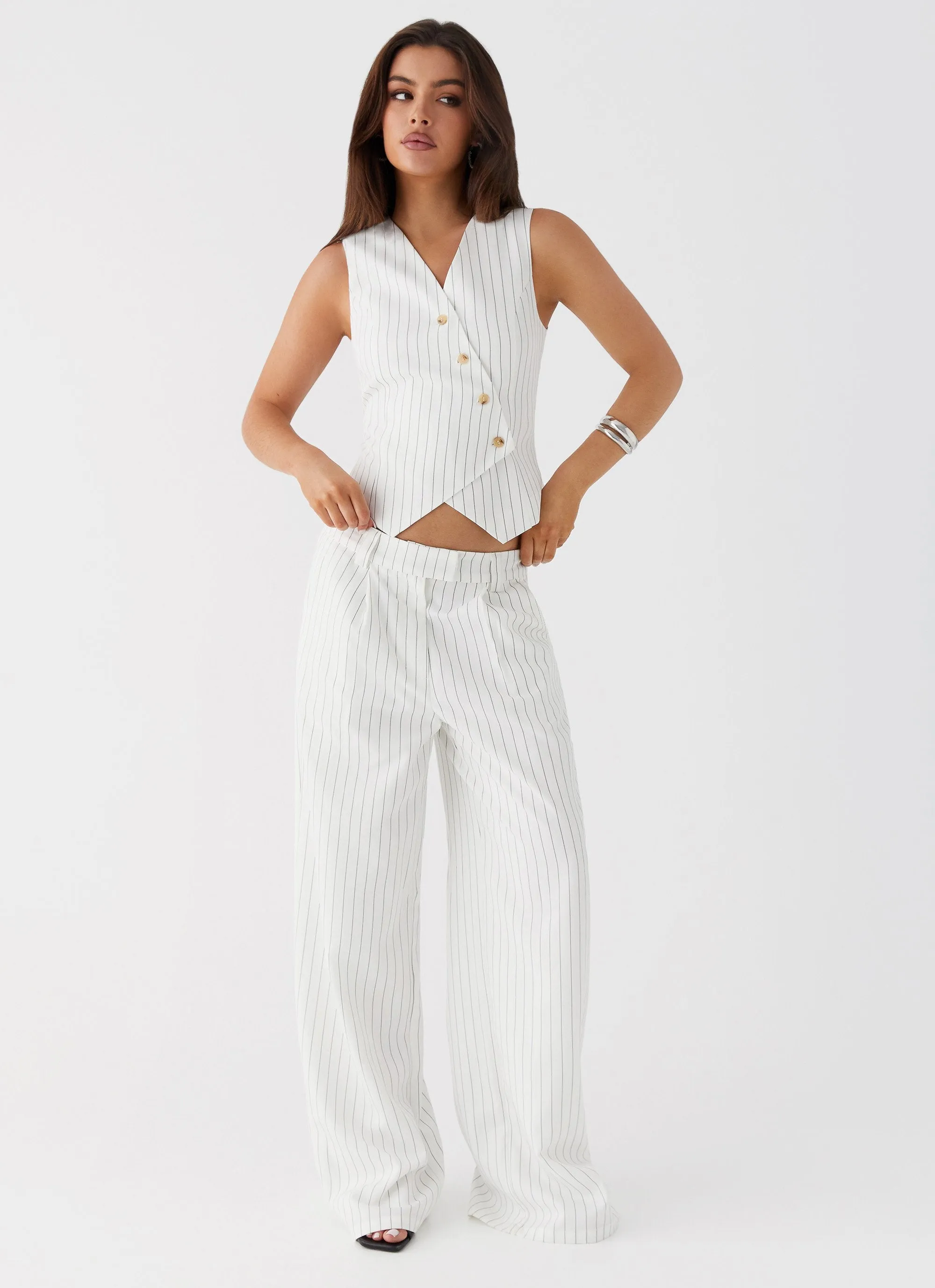 Midnight City Suit Pants - White Pinstripe WrinkleResistantTextile LayeredStyling