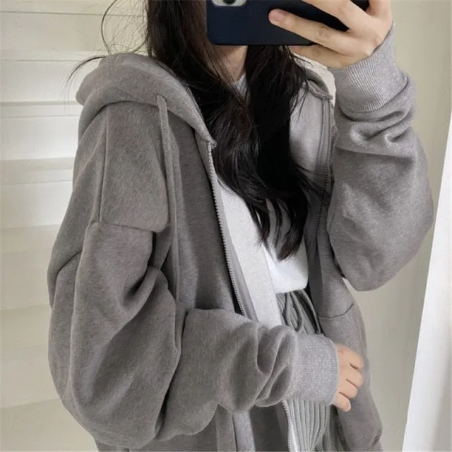 Hoodies Solid Color Zip Up Pocket